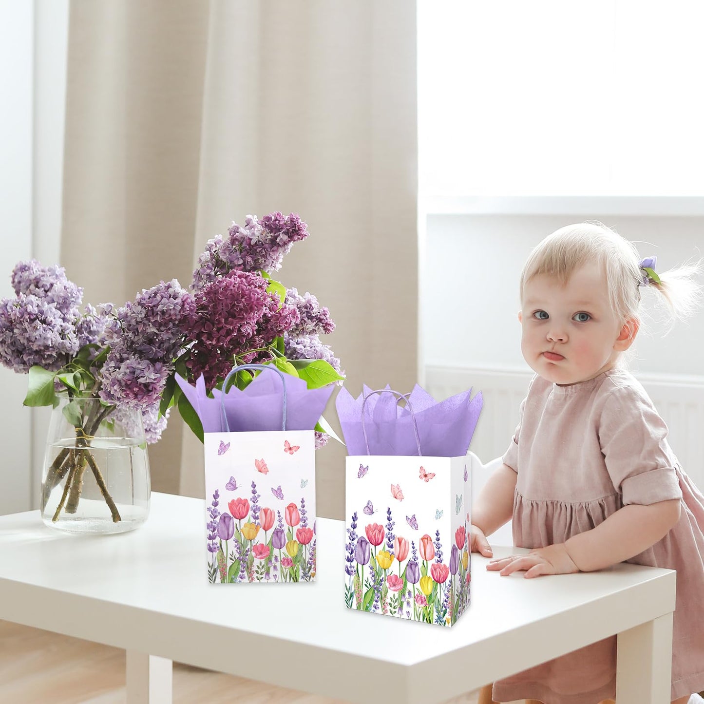 FYSUIMU 24 Pcs Tulips Lavender Floral Paper Gift Bags with 30 Purple Tissue Paper Watercolor Flower Butterfly Treat Bag with Handles for Birthday Baby Shower Wedding Party Favors
