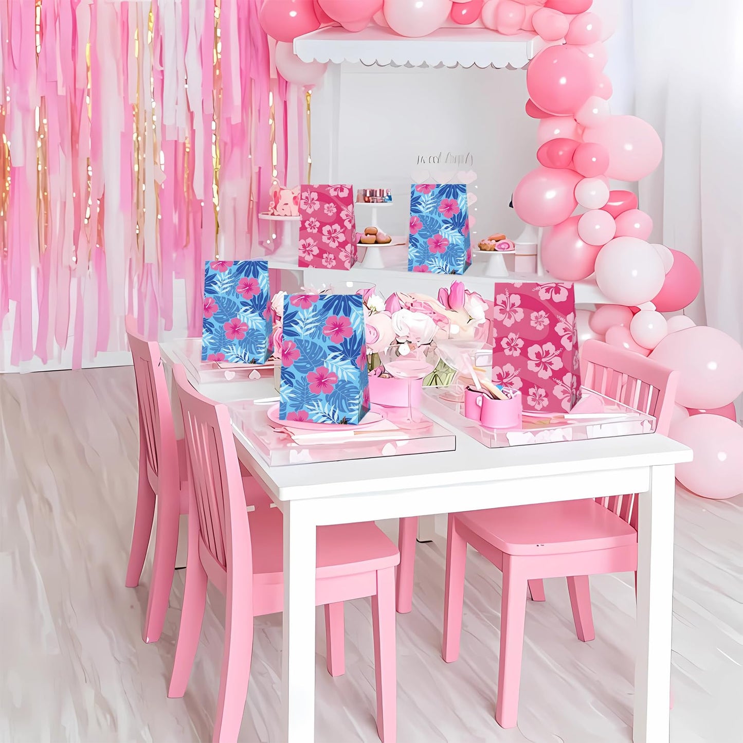 24 Pcs Cute Cartoon Pink Blue Hibiscus Party Gift Bags with Stickers Hawaiian Party Favors Paper Goodie Bags for Hawaiian Tropical Birthday Supplies(24Pcs-bags)