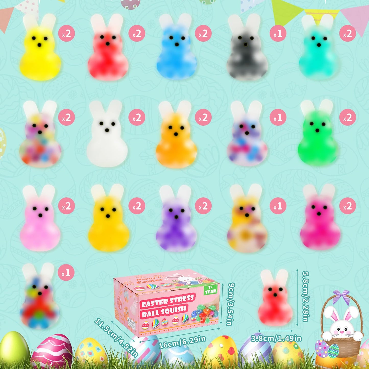 28Pack Easter Squishies,Easter Bunny Stress Balls for Adults,Easter Basket Stuffers,Bulk Squishy Easter Toys Stress Relief Fidget,Easter Egg Fillers Party Favors Gifts