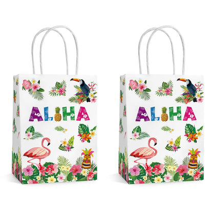 Hxezoc 12 Pieces Hawaiian Gift Bags with Handle, Paper Treat Luau Candy Bag Summer Tropical Palm Leaf Favor Bags for Hawaiian Theme Festival Luau Holiday Party Decoration Supplies