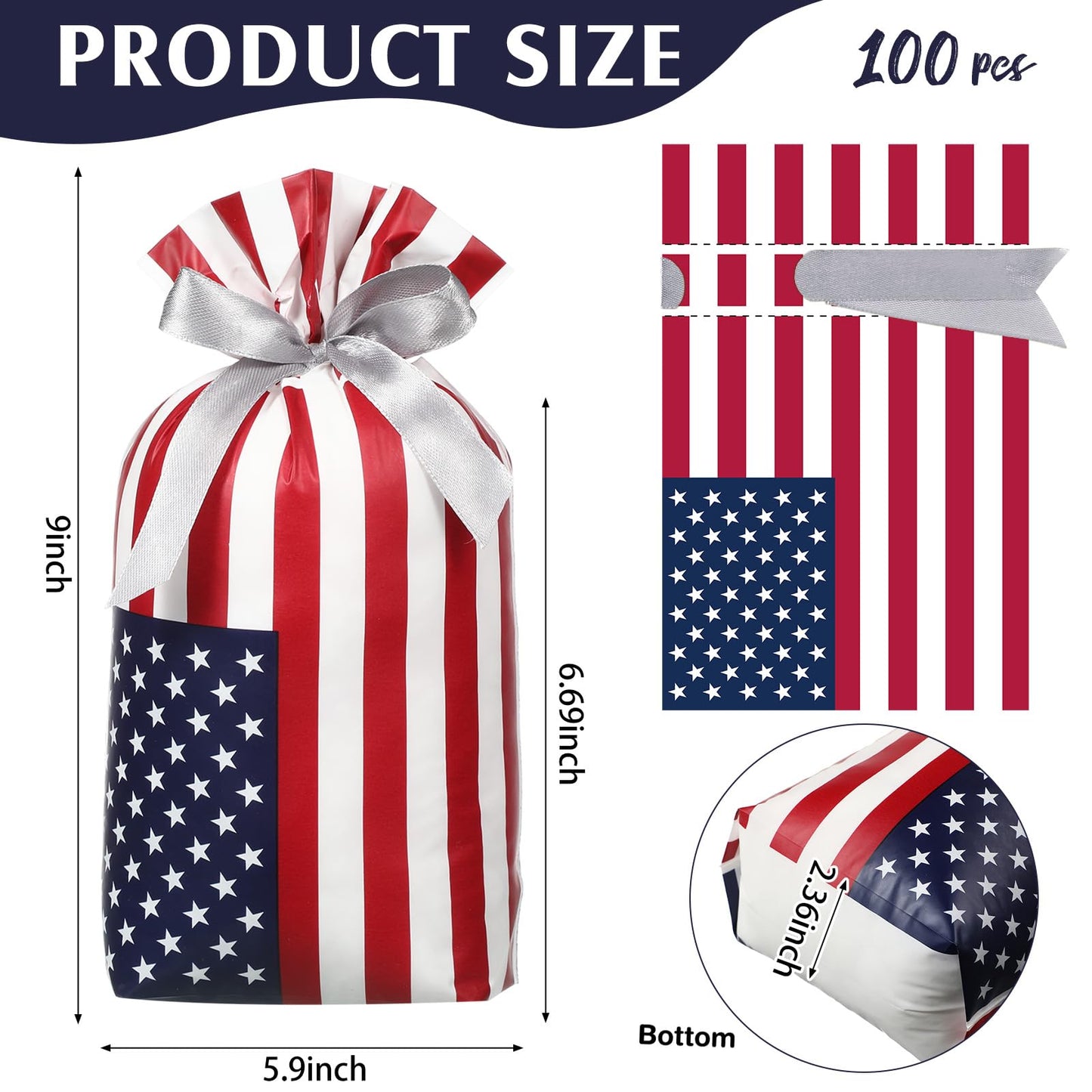 Clysee 100 Pcs Patriotic Gift Bags Bulk with Drawstring 4th of July Plastic American Flag Treat Goodie Bags USA Red Blue and White Candy Pouches Independence Day Patriotic Party Favors Supplies