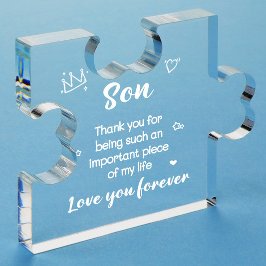 Funnli Gifts for Son from Mom, Fathers Day Graduation Christmas Valentines Day Wedding Easter Gifts for Son Acrylic Puzzle Plaque, Birthday Gifts for Son 3.35 x 2.76 Inch Desk Decorations