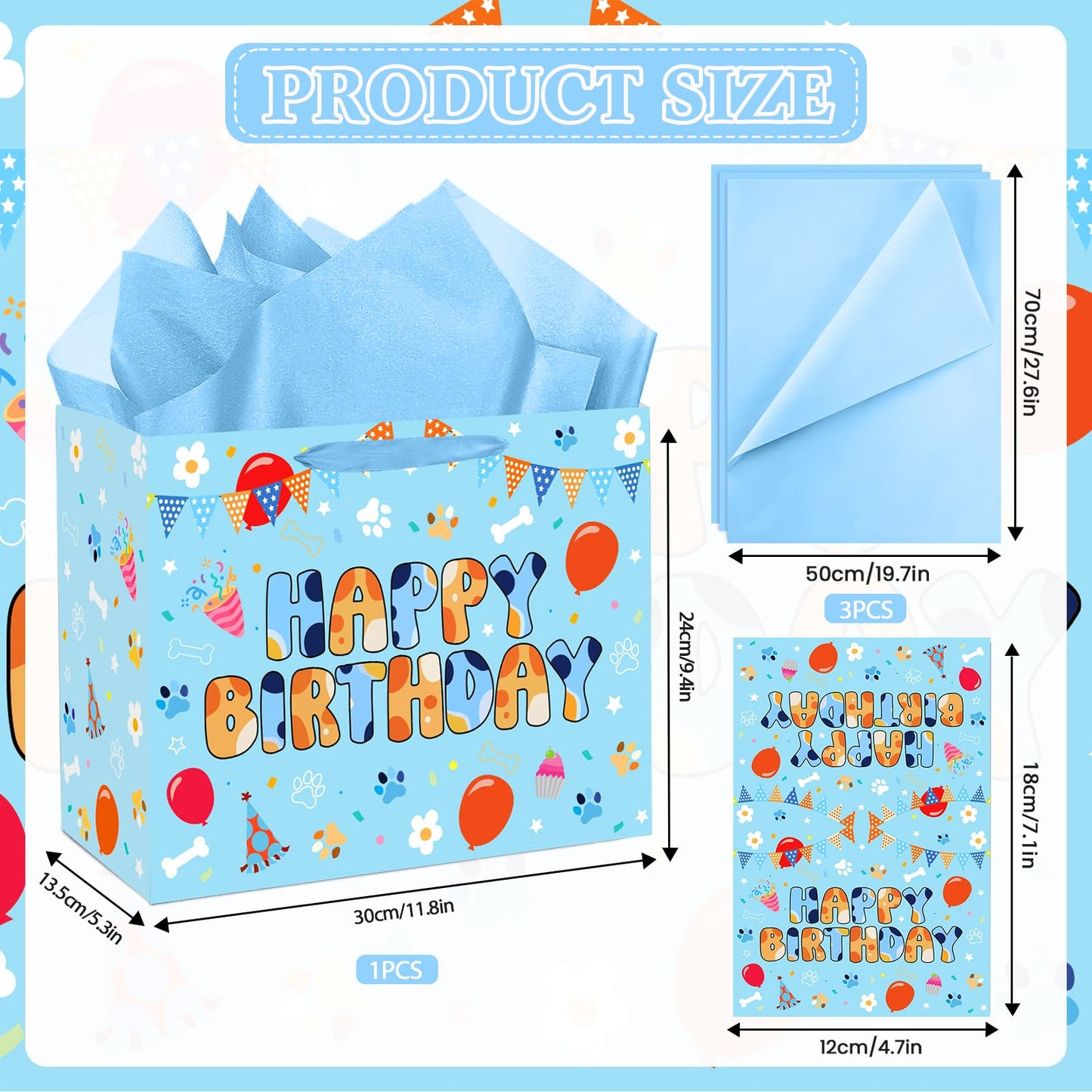 Cartoon Blue Dog Birthday Gift Bag with Wrapping Paper and Greeting Card Cute Blue and Orange Dog Gift Wrap Paper Bags Large Cartoon Birthday Party Favor Bags Decorations for Girls Boys Party Supplies