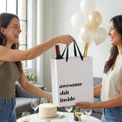 Loveinside 13" Large Funny Gift Bag, Minimalist White Awesome Sh*t Inside Bold Design with Tissue Paper & Card, Adult Humor Gift Bag for Friends, Coworkers, Birthday, Party, 10" x 5" x 13", 1 Pcs
