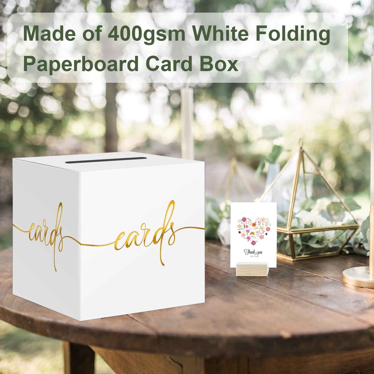 White Card Box with Gold Foil Design, Paperboard 8.7" Card Box for Birthday Wedding Party Graduation Retirement Anniversary Valentine's Day & Baby Showers, Raffle or Money Box