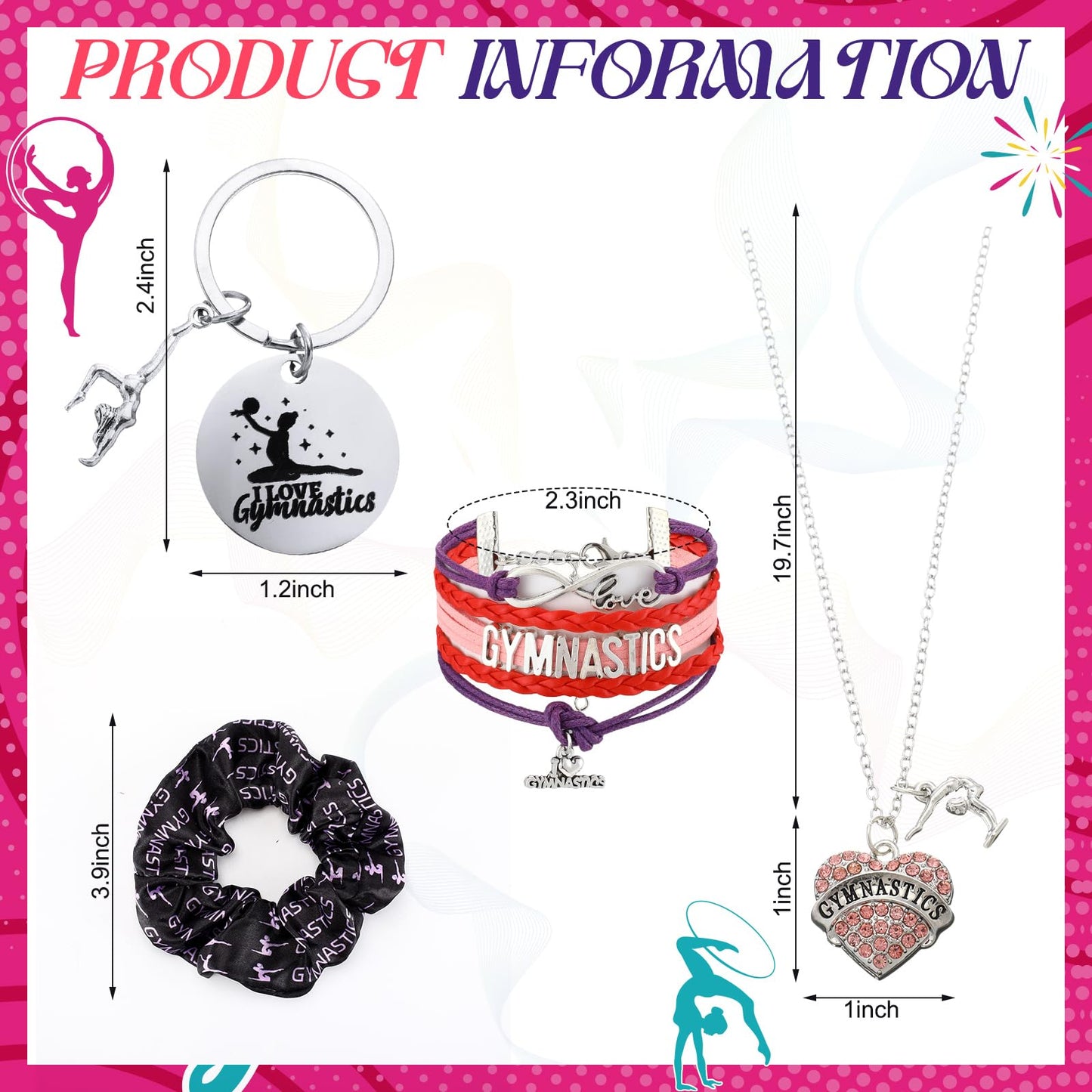 Patelai 11 Pack Gymnastics Gifts Set Gymnastics Drawstring Bag Hairband Bracelet Necklace Makeup Bag Keychain 15 oz Tumbler Cup with Lid Gym Gymnast Party Favors