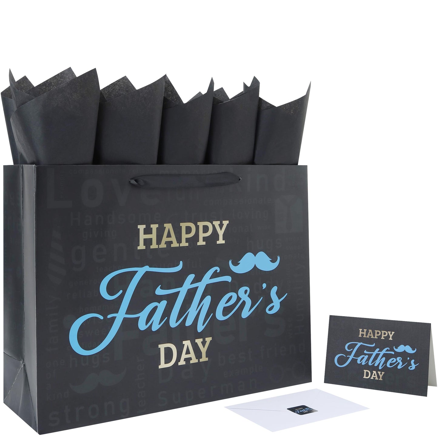 Qirrmiy 16.5'' Extra Large Father's Day Bag Gift Bag Set with Handles, Greeting Card, Black Tissue Papers and Stickers for Men for Best Dad Ever, Dad Day, Father's Day Design, 1 Pcs