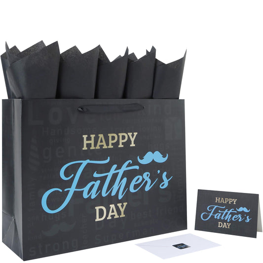 Qirrmiy 16.5'' Extra Large Father's Day Bag Gift Bag Set with Handles, Greeting Card, Black Tissue Papers and Stickers for Men for Best Dad Ever, Dad Day, Father's Day Design, 1 Pcs