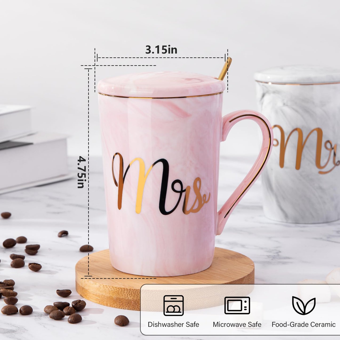 Biching Wedding Gifts for Couples 2026, Gifts for Bridal Shower Engagement Bride and Groom Anniversary, 14oz Ceramic Marble Mr and Mrs Mugs Set with Real Gold Foil, Greeting Card, Luxury Gift Box
