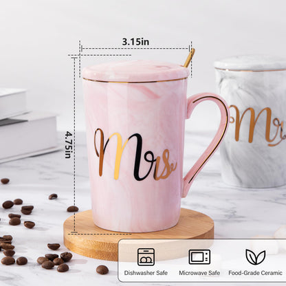 Biching Wedding Gifts for Couples 2026, Gifts for Bridal Shower Engagement Bride and Groom Anniversary, 14oz Ceramic Marble Mr and Mrs Mugs Set with Real Gold Foil, Greeting Card, Luxury Gift Box