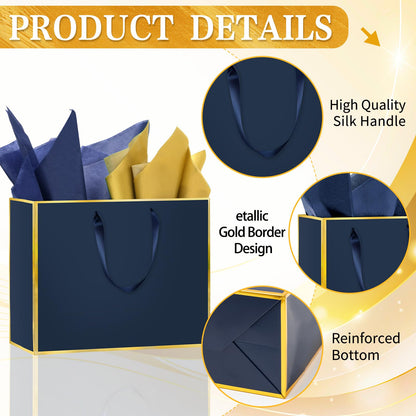 Epoesch 12 Pack Navy Blue Gift Bags with Handles – Includes 24 Tissue Paper – 11.8"x10"x4" – Elegant 5 Senses Gift Bags for Wedding, Bridesmaids, Groomsmen, Guests, Father's Day, Holidays (Navy Blue, Gold)