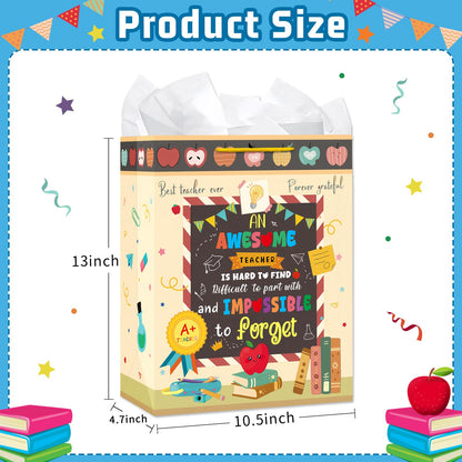 HEYINSHEN Teacher Appreciation Gift Bag 13'' Teacher Gift Bag with Handles and Tissue Paper Best Teacher Ever Appreciation Day Goodies Bag Cards Notebook Line Gifts for Retirement Graduation Supplies