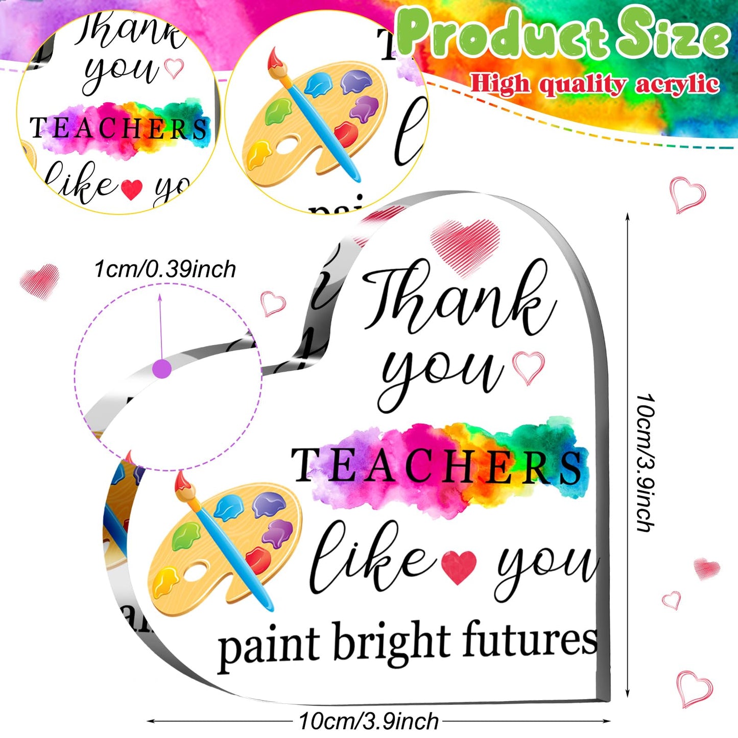 End of Year Teacher Gifts Thank You Art Teacher Appreciation Gifts Acrylic Heart Plaque Painter Graduation Sign Keepsake Table Decor for Farewell Birthday School(3.94 x 3.94 x 0.39 Inches)