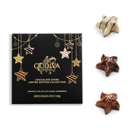 Godiva Holiday Stars Collection Gift Box, Festive Star-Shaped Chocolates with Ganache & Raspberry Filling, Limited Edition Holiday Assortment, 9 Pc