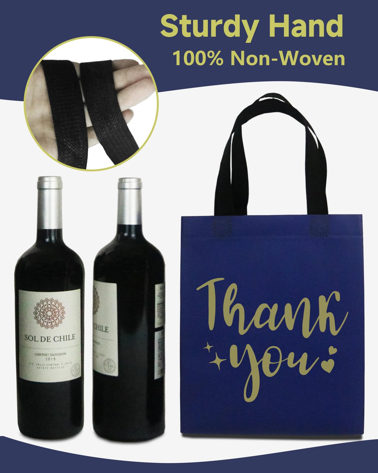 12 Navy Blue Thank You Gift Bags - Sturdy, Reusable, Medium 8x5x10 with Handles, Non-Woven for Weddings, Teachers, Father's Day, Parties, Birthdays & Graduations