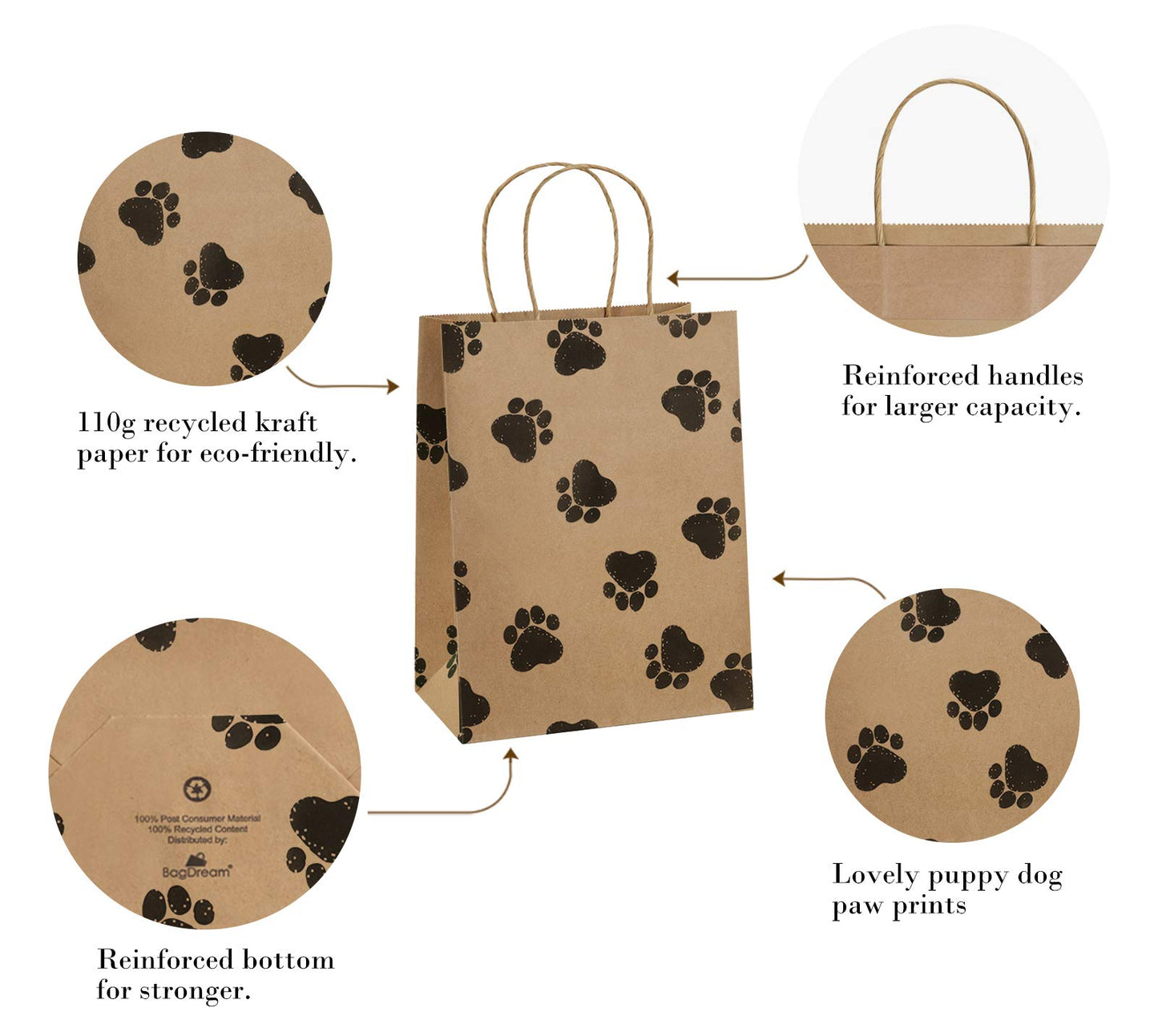 BagDream Brown Gift Bags 8x4.25x10.5 25Pcs Kraft Paper Gift Bags with Handles, Paw Prints Paper Sacks for Animal Party Favor, Retail, Grocery, Dog's Puppy's Paw