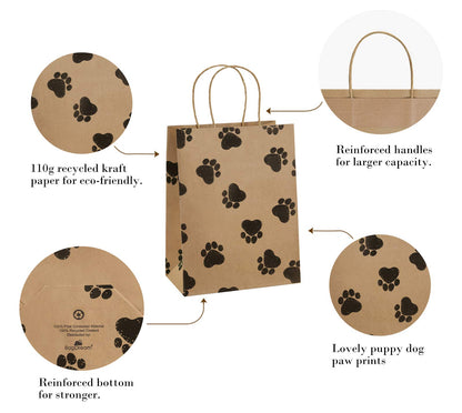 BagDream Brown Gift Bags 8x4.25x10.5 25Pcs Kraft Paper Gift Bags with Handles, Paw Prints Paper Sacks for Animal Party Favor, Retail, Grocery, Dog's Puppy's Paw