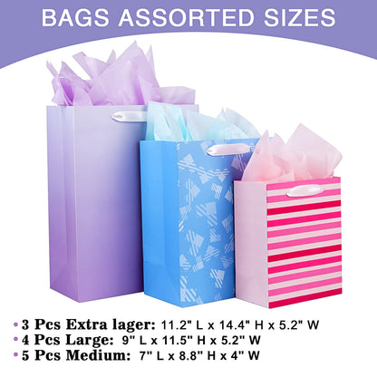 12 Pack Gift Bags Assorted Sizes and Designs, Gift Bags Bulk with Tissue Paper (5 Medium 8", 4 Large 11", 3 Extra Large 14") for Birthday, Baby Showers, Bridal Showers, Easter Day Any Occasion