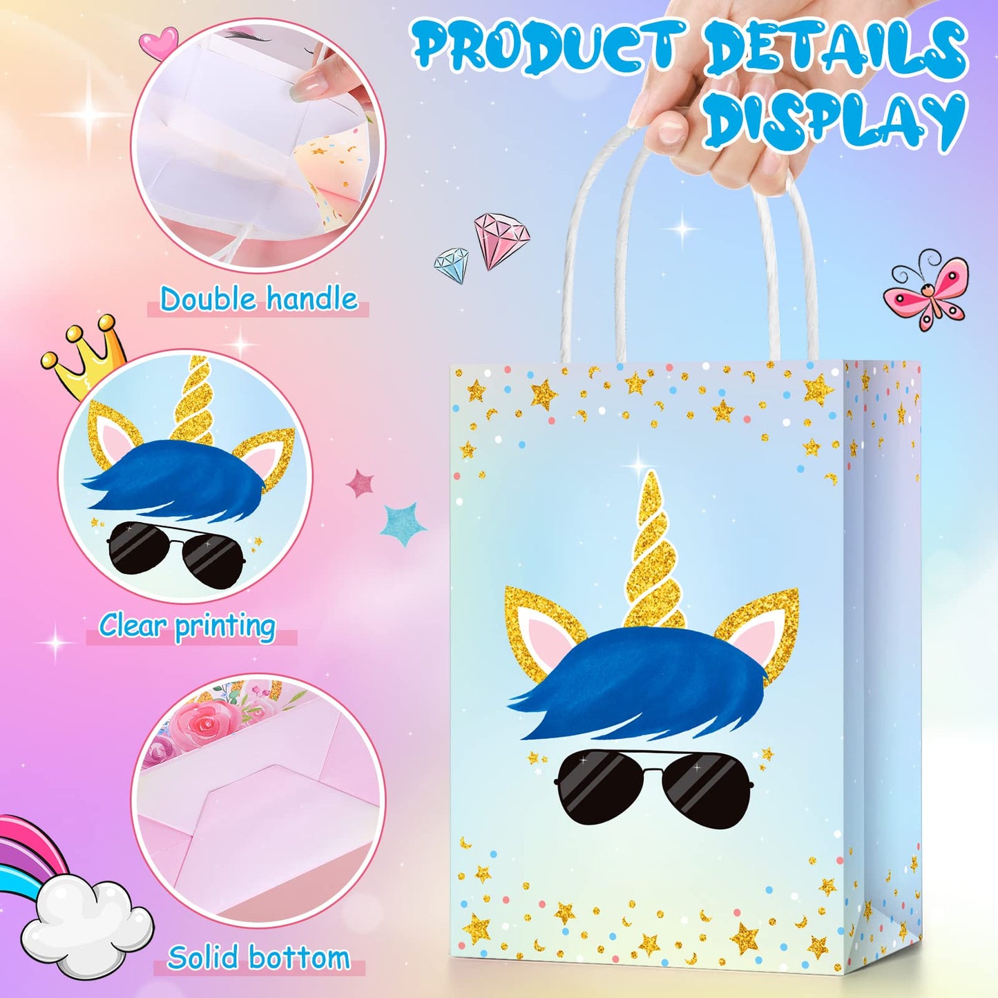 Sherr 30 Pcs Unicorn Party Favor Bags with Handles Tissue 8.3 Inches Paper Candy Treat Goodie Gift Unicorn Party Supplies for Kids Girls Boys Gender Reveal Baby Shower Birthday Decorations