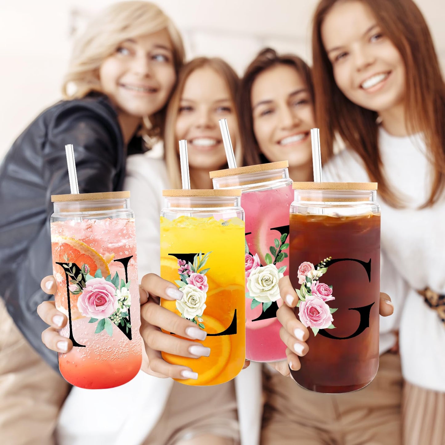 Initial Glass Cups with Lids and Straws, Personalized Gifts for Women, Iced Coffee Cup Glass Tumbler, Birthday Bridesmaid Proposal Inspirational Customized Gifts for Her Girls (A)