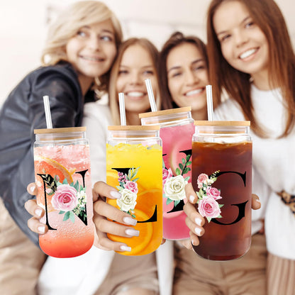 Initial Glass Cups with Lids and Straws, Personalized Gifts for Women, Iced Coffee Cup Glass Tumbler, Birthday Bridesmaid Proposal Inspirational Customized Gifts for Her Girls (A)