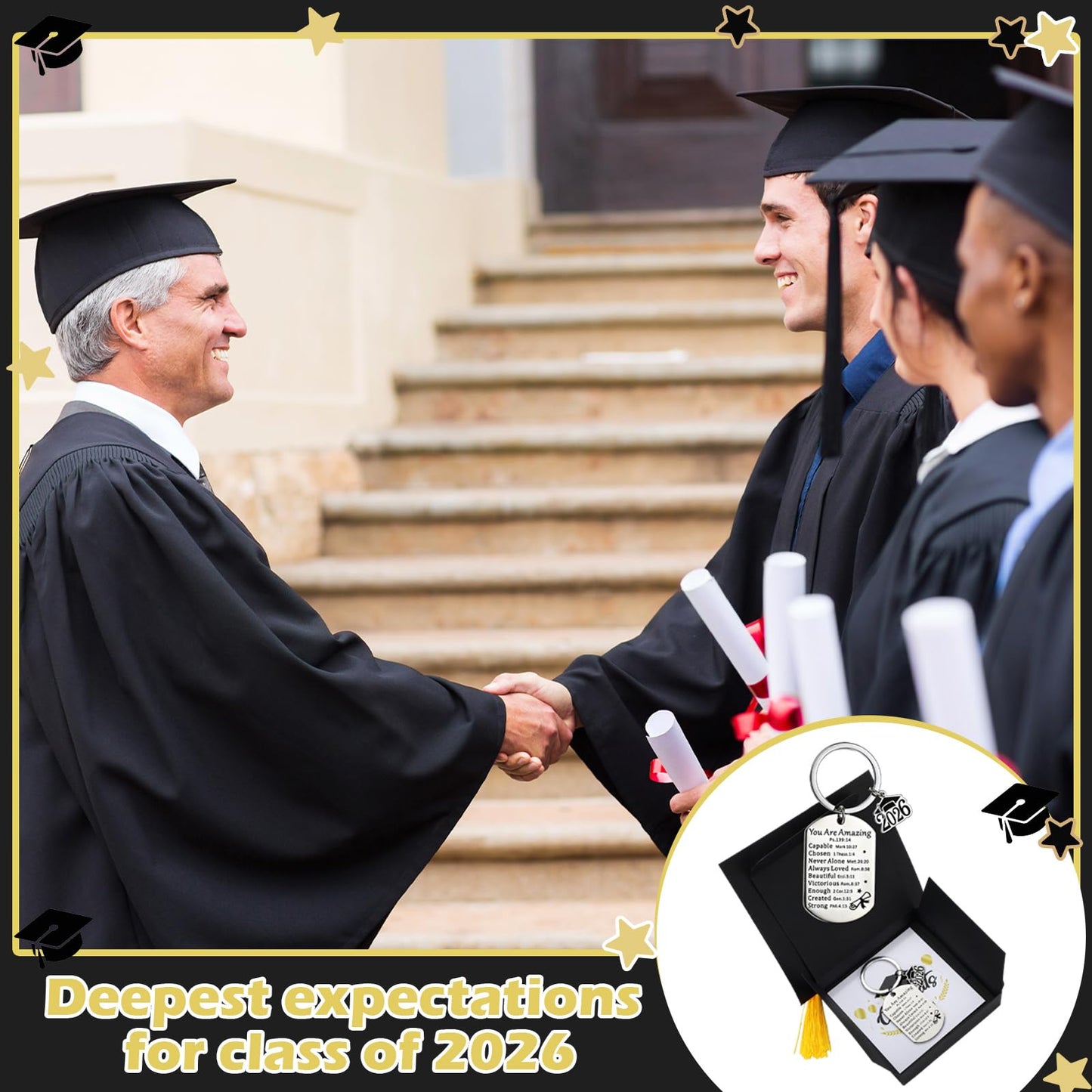 Quelay 12 Sets Graduation Keychain Gift Graduation Christian Keyring with Doctoral Hat Gift Box for Class of 2026 Grad