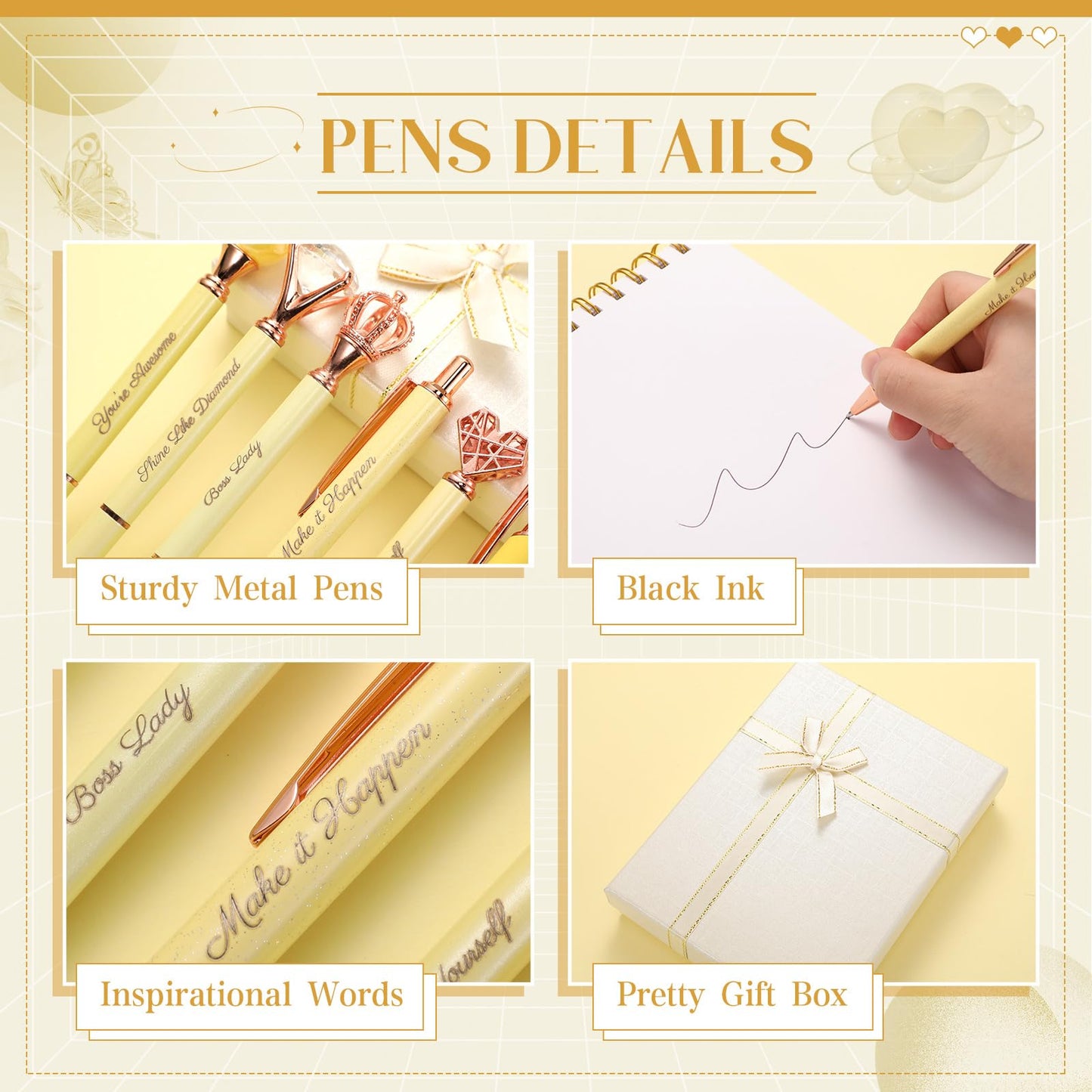 Qeeenar 6 Pcs Fancy Pens for Women Crystal Diamond Pen for Journaling Pretty Glitter Ballpoint with Box Inspirational Gifts for Women Girls College Students Cute Back to School Gifts(Yellow)