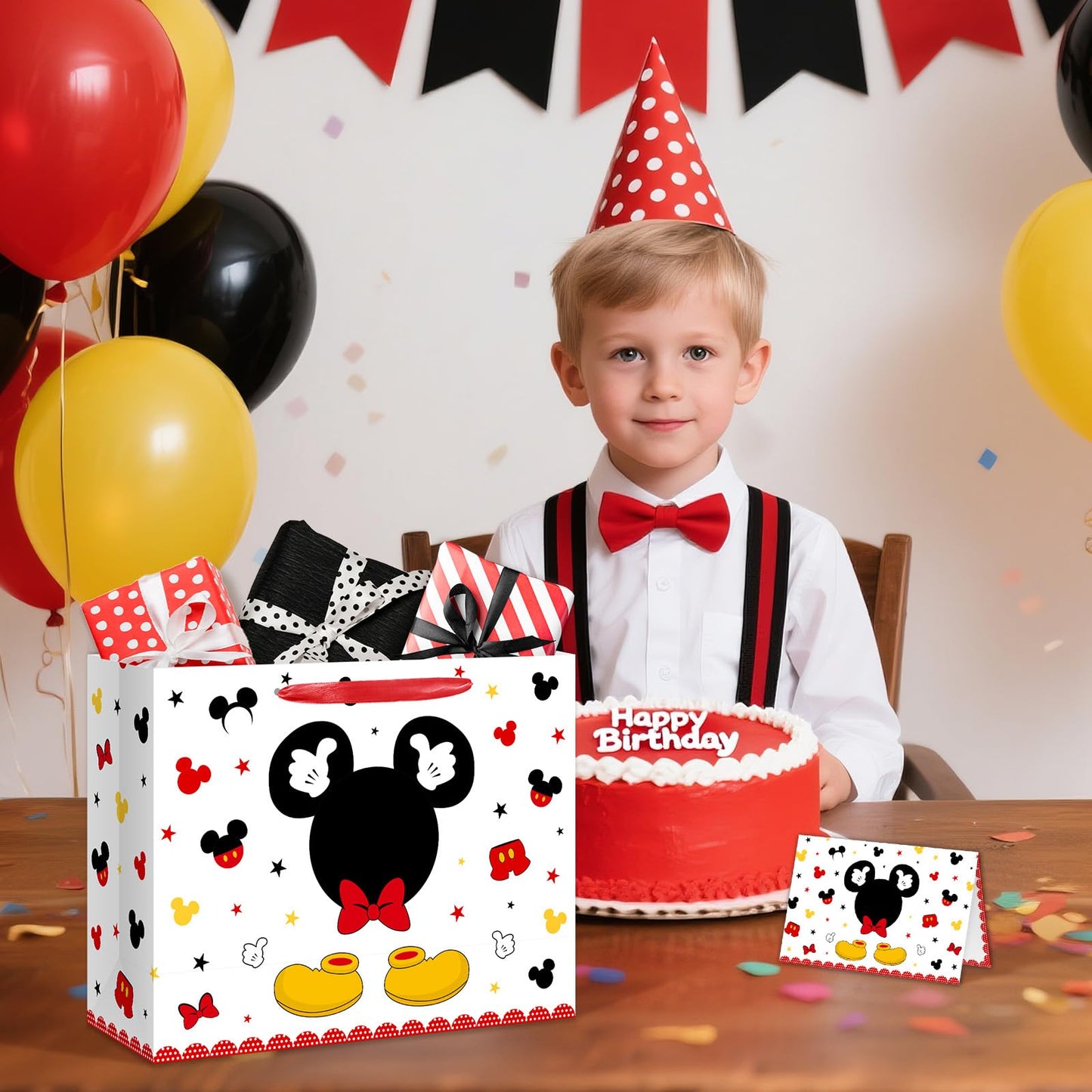 13" Large Red Mouse Happy Birthday Gift Bag Set with Handles, Greeting Card and Tissue Papers Red Black Gift Wrapping Paper Bag for Girls Kids Teens 13"L x 10.2"H x 4.9"W
