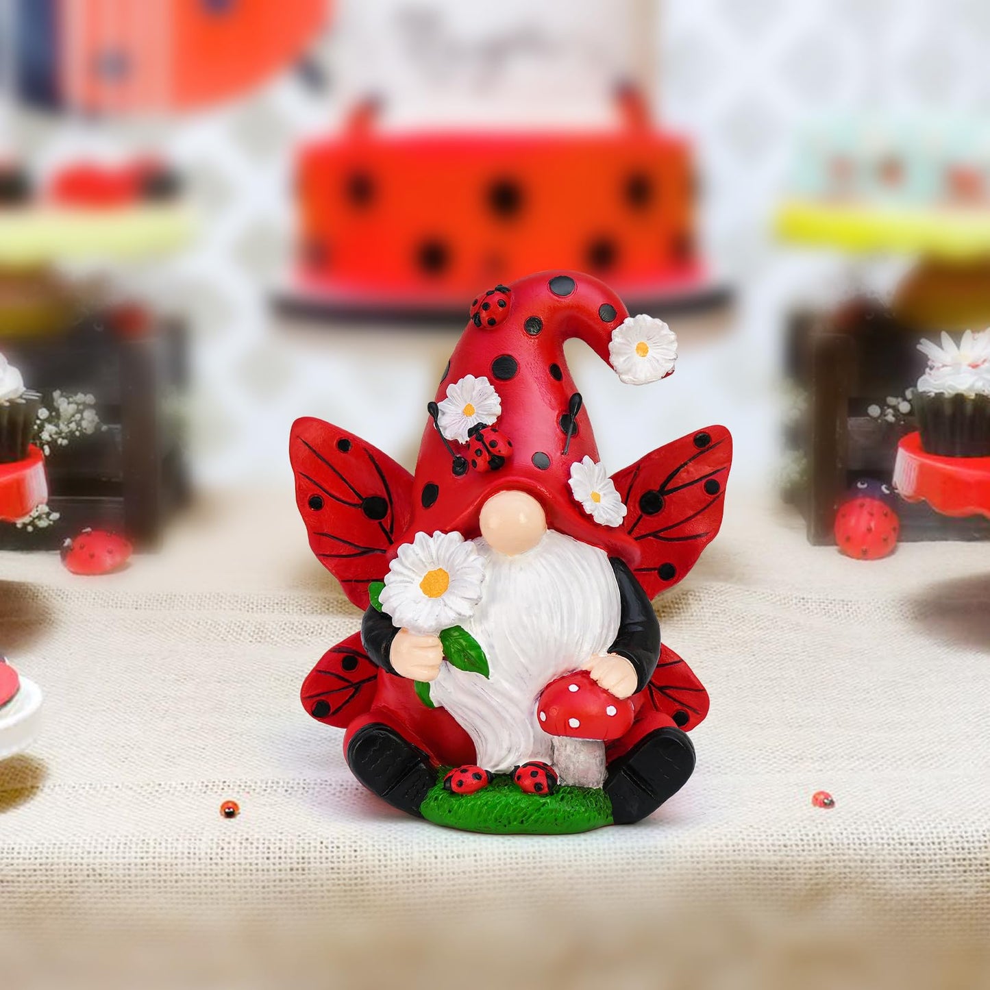 Ladybug Gnome Garden Decor, Fairy Gnome Figurine with Flowers, Spring Summer Outdoor Garden Decorations for Yard Lawn Patio, Garden Gifts for Women