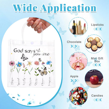 Dansydaisy 20 Pcs Christian Gift Bags with handle God Says You Are Bible Verse Floral Clear PVC Goodie Candy Treat Tote Bags for Religious Faith Spiritual Baptism Christmas Themed Party Supplies