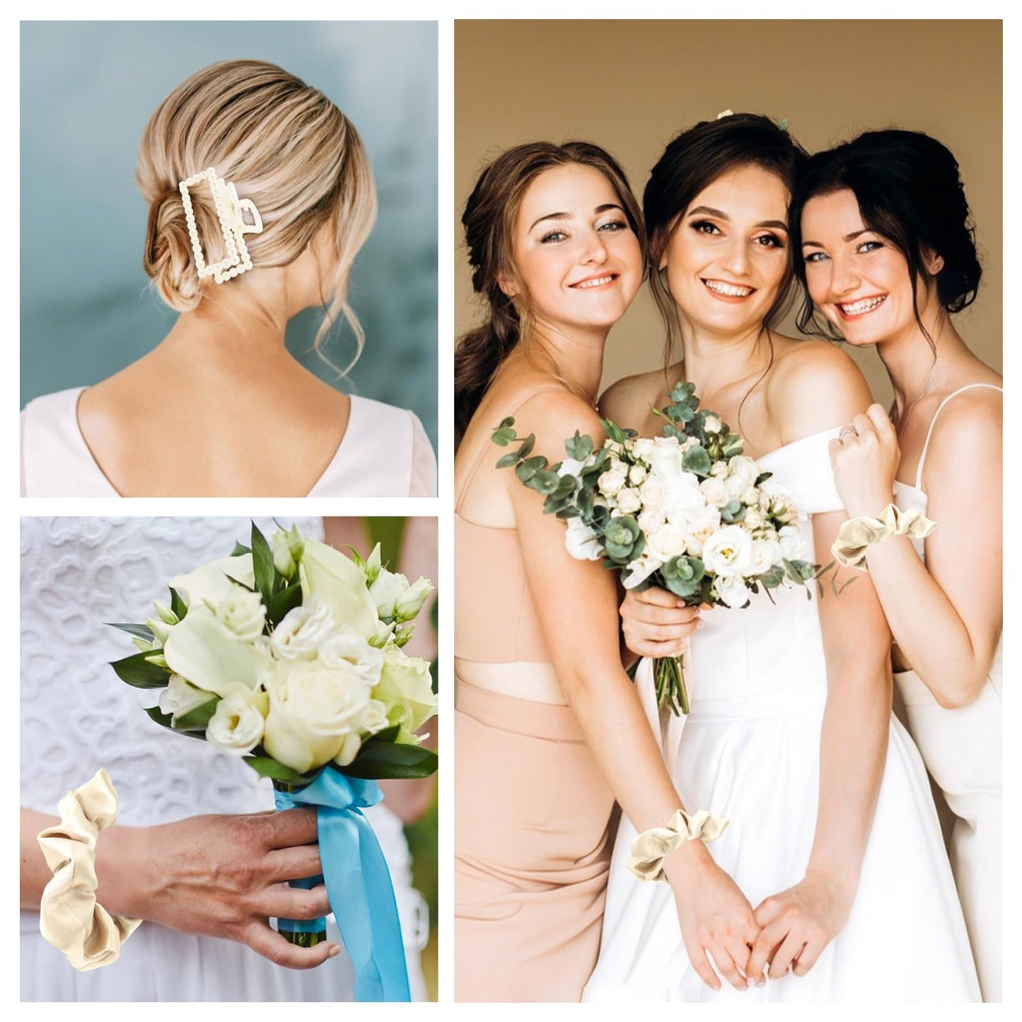 Bridesmaid Proposal Gifts, 12 PCS Bridesmaids Silk Hair Scrunchies & Pearl Hair Clips Set for Women Bachelorette Party Favors Bridal Shower Favors Bridesmaids Gifts for Wedding Day (Champagne Gold)