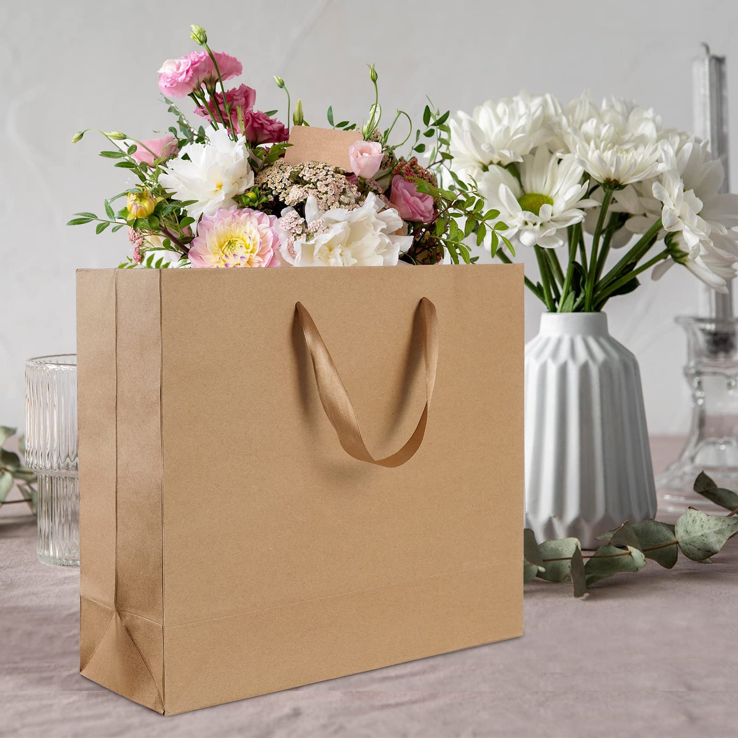 15.7" Extra Large Brown Gift Bags for Presents with Tissue Paper & Ribbon Handles for Shopping, Small Business, Birthday Party, Baby Shower, Bridal Party, Wedding, Christmas and Holiday (12 Packs)