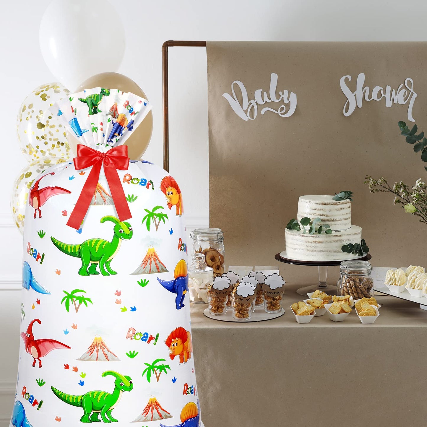 Teling 2 Pcs Large Dinosaur Plastic Gift Bags 70"x 40" Oversized Plastic Storage Bags with 2 Rolls Ribbons for Birthday Party, New Parents Shower, Bicycle Bike, Holiday