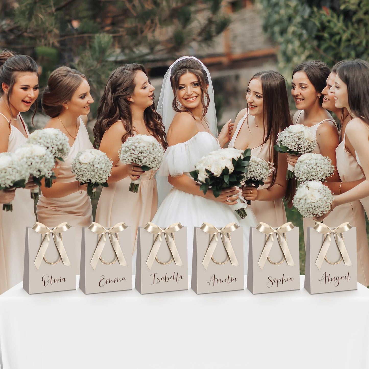 Silkfly 12 Pcs Wedding Paper Gift Bags with Handle 9x7x3.15'' Thank You Gifts Bags with Ribbon Bow Bridal Shower Gifts for Baby Shower Graduation Holiday Birthday Party Supplies (Champagne)