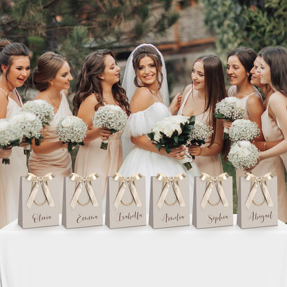 Silkfly 12 Pcs Wedding Paper Gift Bags with Handle 9x7x3.15'' Thank You Gifts Bags with Ribbon Bow Bridal Shower Gifts for Baby Shower Graduation Holiday Birthday Party Supplies (Champagne)