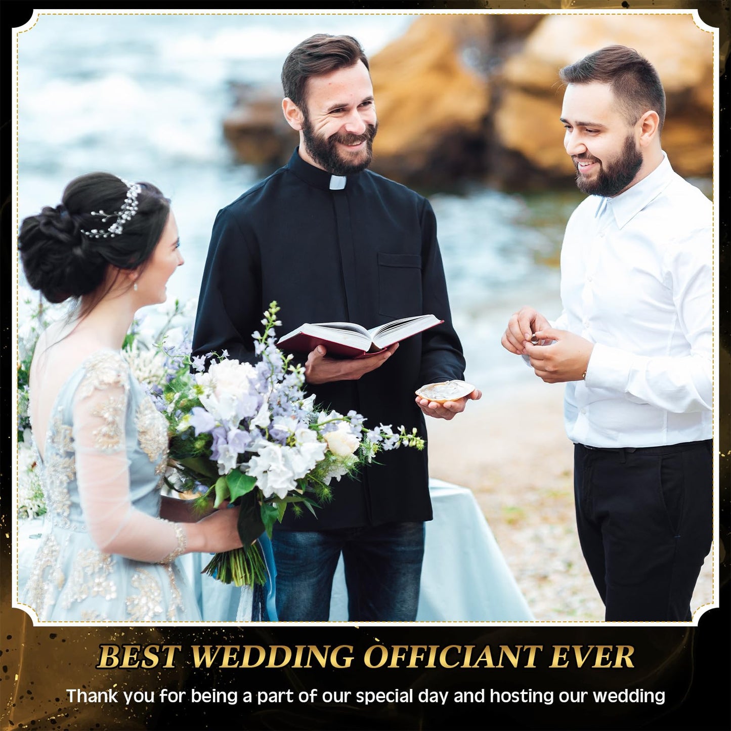 7 Pcs Officiant Gift Set Includes Leather Hardcover Proposal Officiant Book Black Ink Pen Thank You Card with Envelope and Sticker Bookmark Gift Box for Wedding(Black)