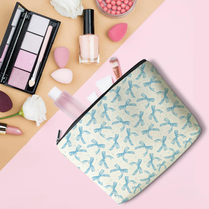 Coquette Makeup Bag Trendy Teen Girls Gifts Blue Bow Pouch Bag Gift for Women Aesthetic Cosmetic Bag Preppy Stuff Trendy Preppy Makeup Bag Funky Zipper Travel Toiletry Bag