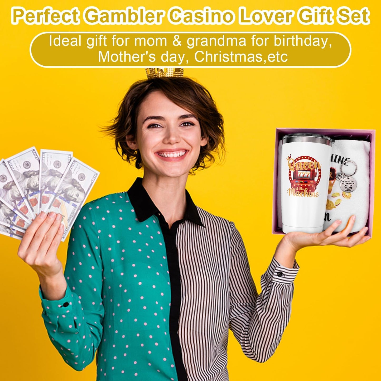 3Pcs Casino Gifts for Women Gambling Gift Queen Of The Machine 20 Oz Tumbler Cup Travel Mug Keychain Makeup Bag Slot Machine Present for Casino Lovers Birthday Mother's Day Christmas