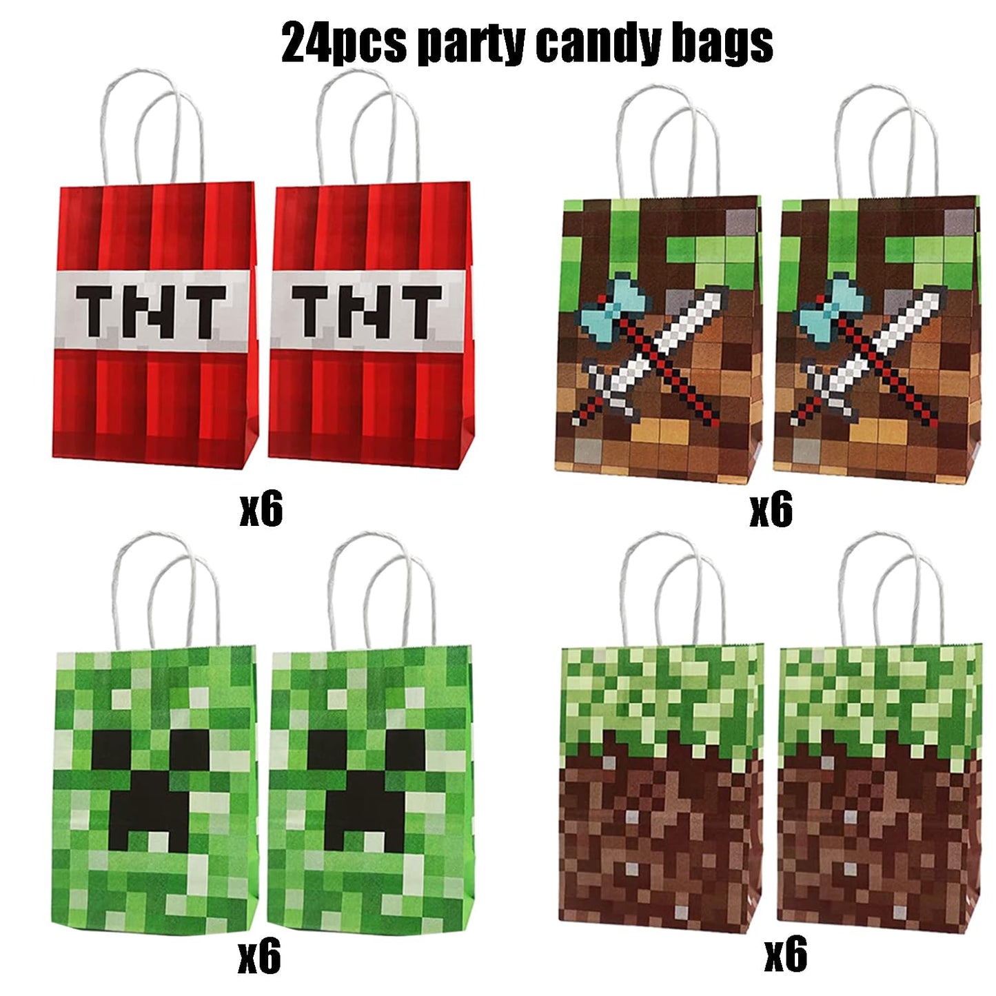 New 48pc Pixel Party Gift Bags - 24pcs Paper Bags & Stickers, Cute DIY Themed Party Supplies for Kids' Birthdays