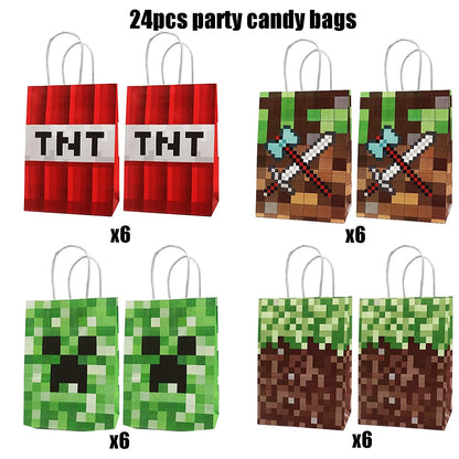 New 48pc Pixel Party Gift Bags - 24pcs Paper Bags & Stickers, Cute DIY Themed Party Supplies for Kids' Birthdays