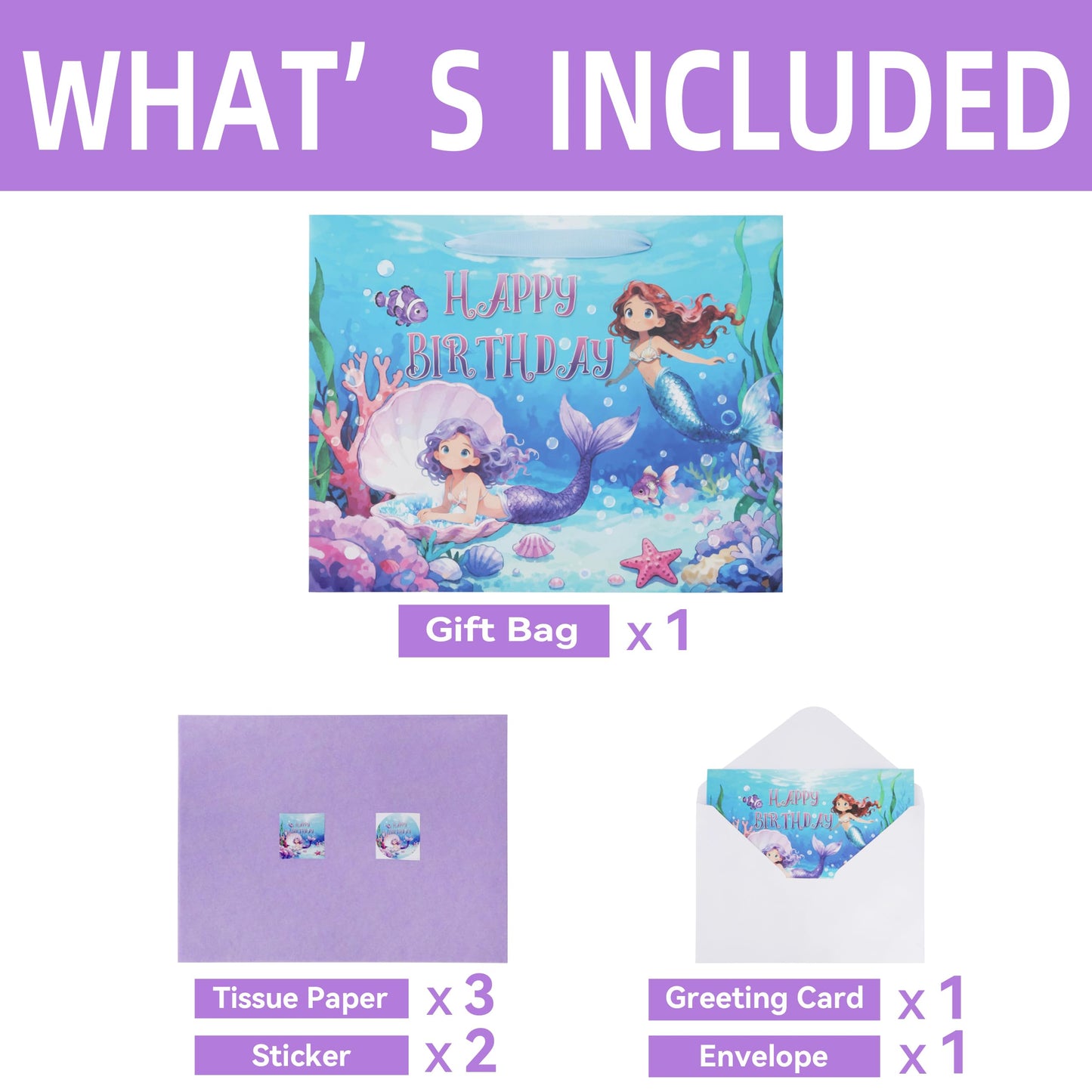 Qirrmiy 13'' Large Mermaids Birthday Gift Bag Set with Handles, Greeting Card, Purple Tissue Papers and Stickers for Kids Girls Women Teens for Birthdays, Mermaids Design, 1 Pcs