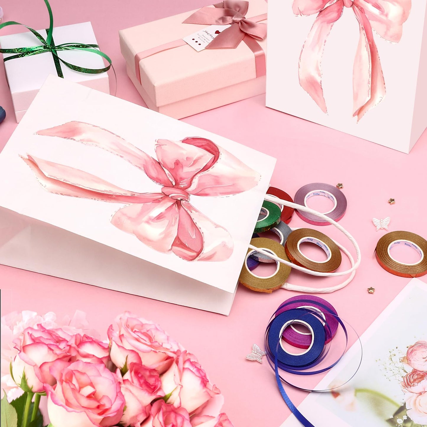 Draupnir 24PCS Coquette Pink Bow Paper Gift Bags, Party Favor Bags, Pink Goodie Bags for Birthday&Bachelorette Party Decoration Coquette Bow Gift Pouches with Handles 8.3x5.9x3.1 Inch