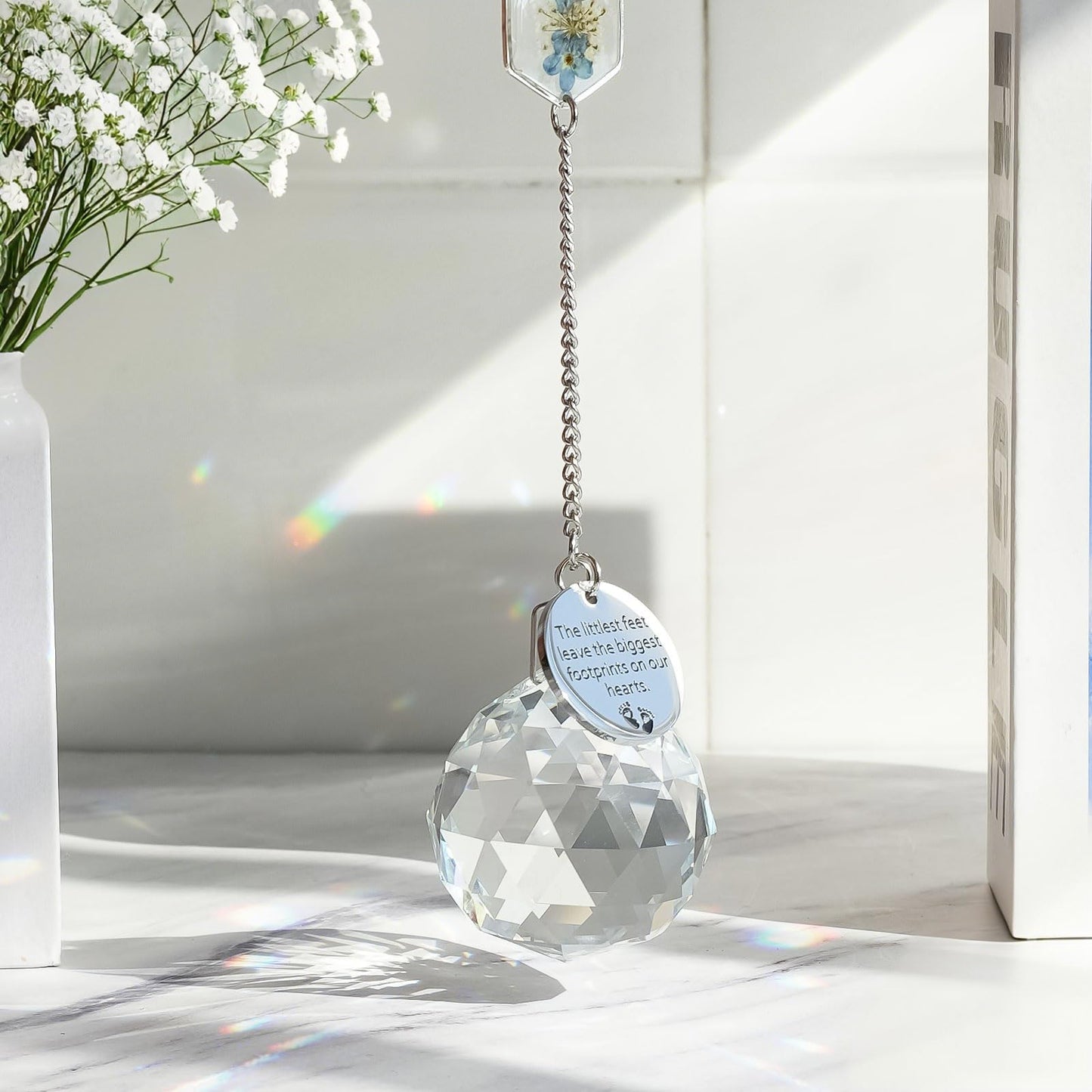 Miscarriage Memorial Suncatcher Gifts for Mothers Dad, Handmade Forget Me Not Baby's Breath Pressed Flower Miscarriage Ornament, Bereavement Remembrance Gift for Loss of Baby (Blue White)