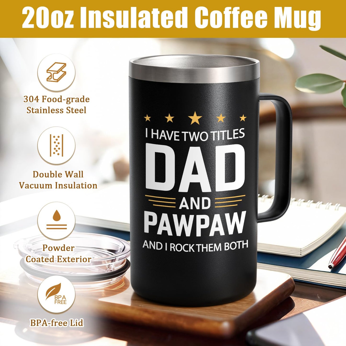 Lifecapido Pawpaw Fathers Day Gift, I Have Two Titles Dad And Pawpaw I Rock Them Both 20oz Insulated Coffee Mug with Keychain, Birthday, Fathers Day Gift, Black