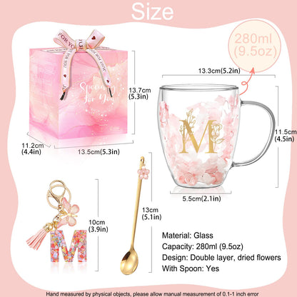 Personalized Gifts for Women Flower Glass Coffee Mug Initial Tea cup Mother's Day Gifts for Mom Monogrammed Customized Bridesmaid Bride Wedding Gifts Graduation Valentines Birthday Christmas Gift(M)