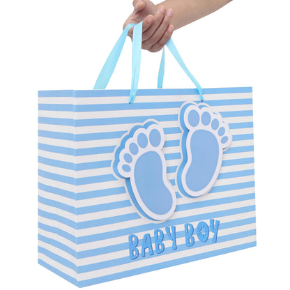 13” Large Baby Boy Gift Bag Set with Handles, Greeting Card, Blue Tissue Papers and Stickers for Boys Kids for Baby Shower, Boys' Birthday Party, Newborn, New Moms, Little One, 1st Baby, 3D Footprints Design, 1 Pcs