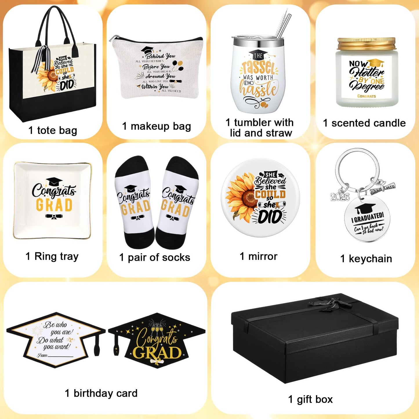 10 Pcs 2026 Graduation Gifts for Women Best College Grad Gifts Basket Master Degree Grad Gift Box Congratulations Gift for Class of 2026 College Masters Graduation(Classic,Black)