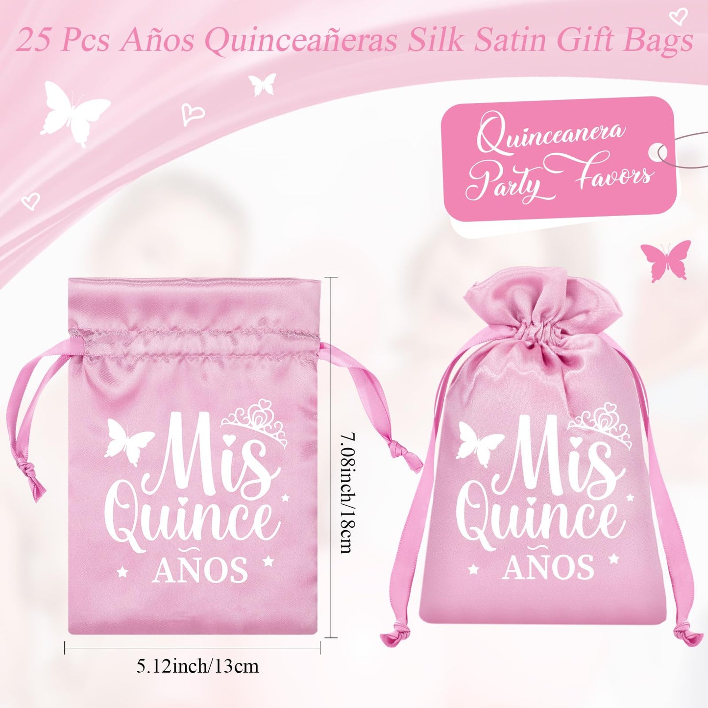 Sweetude 25 Pcs Quinceanera Party Gift Bags for Guests Sweet 15 Años Quinceañeras Silk Satin Gift Candy Bags with Drawstring for Mis Quince Birthday Decoration(Pink)