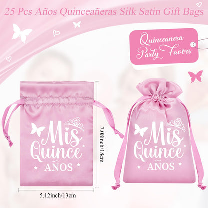 Sweetude 25 Pcs Quinceanera Party Gift Bags for Guests Sweet 15 Años Quinceañeras Silk Satin Gift Candy Bags with Drawstring for Mis Quince Birthday Decoration(Pink)