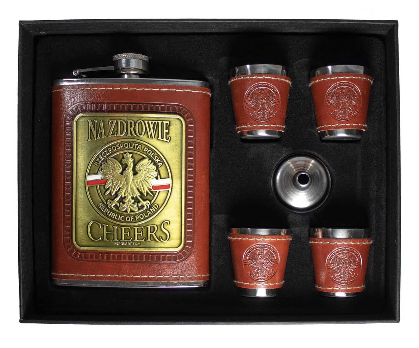 Polart - Poland Flask Set - Stainless Steel Gift Boxed set of Na Zdrowie - Cheers Republic of Poland (Rzeczpospolita Polska) Polish Flask and Four Shot Glasses with the Funnel, Flask Sets for Men